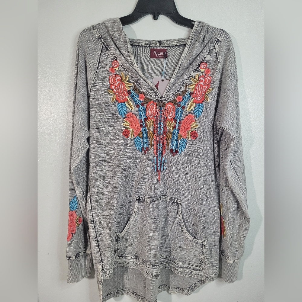 Women's Avani Del Amour Embroidered Pullover Hoodie Size S Floral Gray Cozy Art.